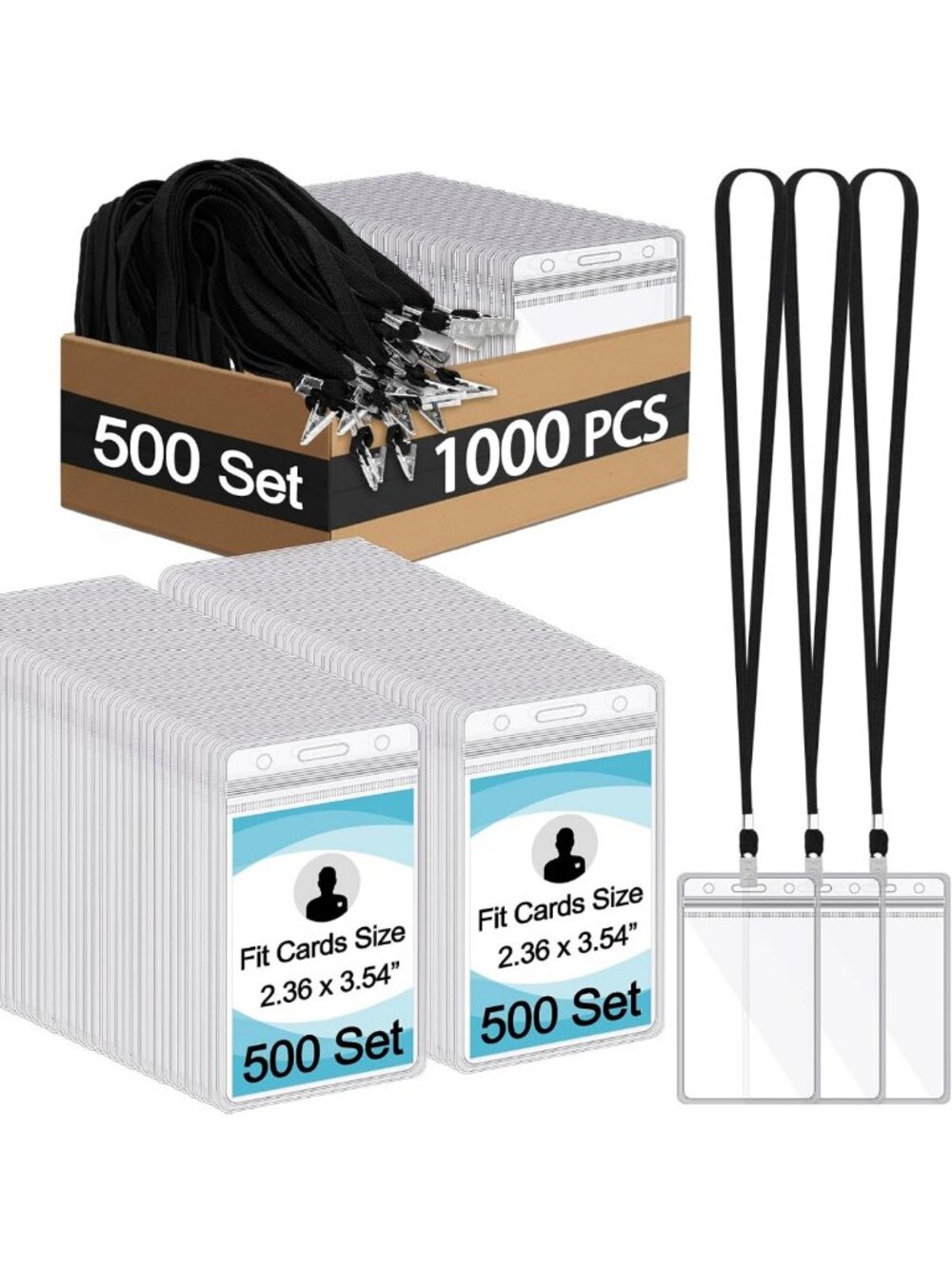 1000 Pcs Lanyard Set with Vertical ID Card Holders - Black, Durable & Versatile